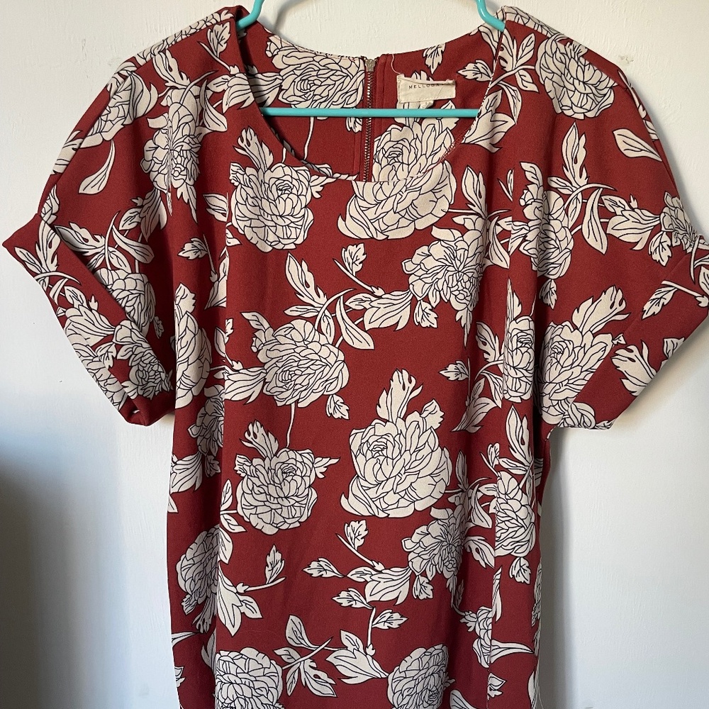 Melloday Romantic Botanical Blouse | Rust Red Floral Short Sleeve Top | L